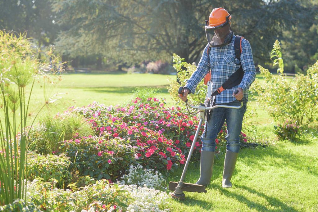 Un employé de la société Langlet en train de passer le rotofil autour d'un massif de fleur dans un jardin de particuliers dans l'Oise. Il porte des bottes, un jean, une chemise bleue à carreaux et un casque avec visière de protection orange.